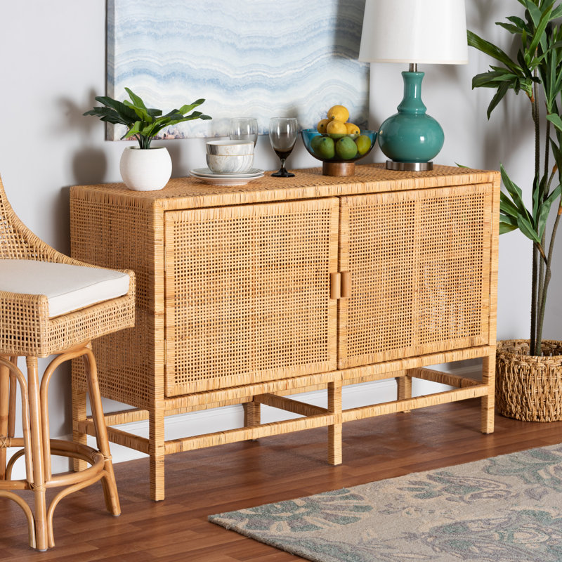 Beachcrest Home Boyett 2 Door Rattan and Mahogany wood Accent Cabinet Reviews Wayfair